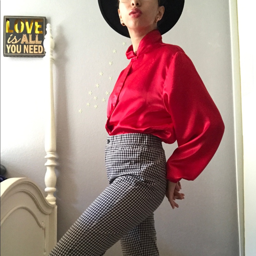Vintage satin red button down blouse - Picture 2 of 10